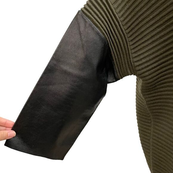 SANDRO Olive Green Ribbed Knit Lambskin Leather Sleeve Pullover Sweater sz 3 - Picture 3 of 10
